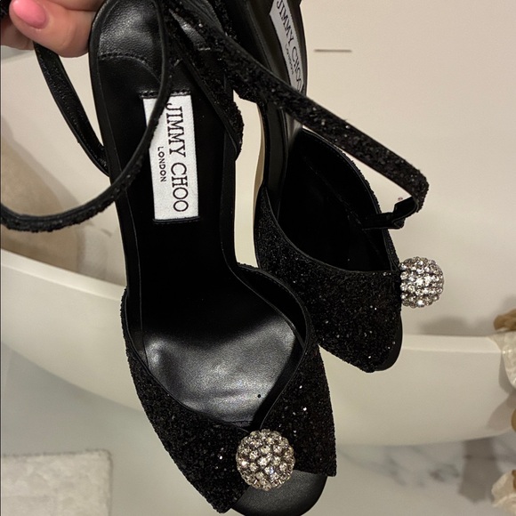 Jimmy Choo Black Glitter Heels with Crystal Embellishment